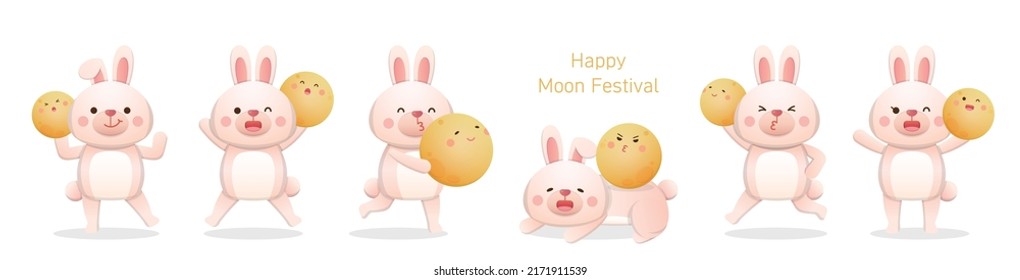 6 Cute Rabbit Mascot Characters with Moon, Traditional Festivals in China and Taiwan: Mid-Autumn Festival