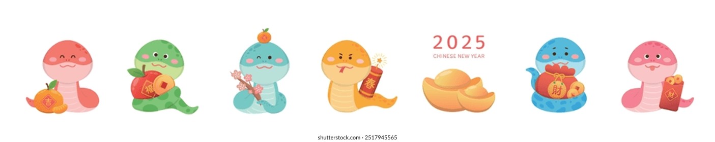 6 cute snake mascots or cartoon characters, playful and cute, vector elements for Chinese New Year, translation: spring