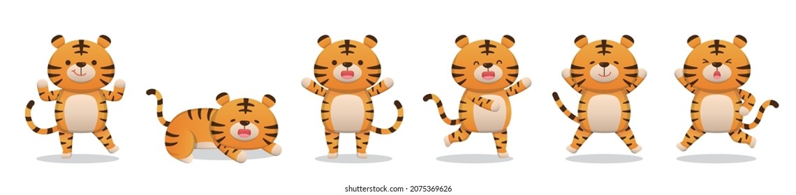 6 tigres adorables con expresiones faciales, emociones, roles, mascotas, personajes de dibujos animados, personajes cómicos, conjunto de vectores