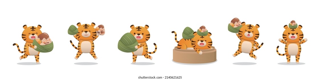 6 cute tigers and traditional Chinese food for Dragon Boat Festival: Zongzi, glutinous rice food wrapped in bamboo leaves