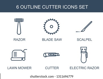 6 cutter icons. Trendy cutter icons white background. Included outline icons such as razor, blade saw, scalpel, lawn mower, electric razor. cutter icon for web and mobile.
