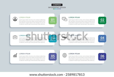 6 data infographics rectangle tab index layout template. Illustration business abstract background.