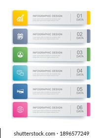 6 Data Infographics Tab Index Template Design. Vector Illustration Abstract Background. Can Be Used For Workflow Layout, Business Step, Banner, Web Design.