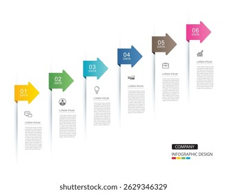 6 data infographics tab index with arrow layout template. Illustration business abstract background.
