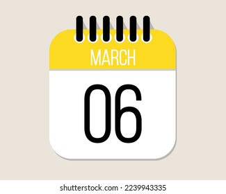 Vector del calendario de 6 días de marzo. Icono de la página del calendario del mes de marzo en amarillo.
