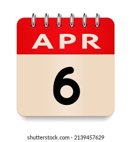 6 day of the month. April. Flip old formal calendar daily icon. Date day week Sunday, Monday, Tuesday, Wednesday, Thursday, Friday, Saturday. Cut paper. White background. Vector illustration. 3d