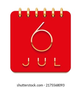 6 day of the month. July. Luxury calendar daily icon. Date day week Sunday, Monday, Tuesday, Wednesday, Thursday, Friday, Saturday. Gold text. Red paper. Vector illustration.