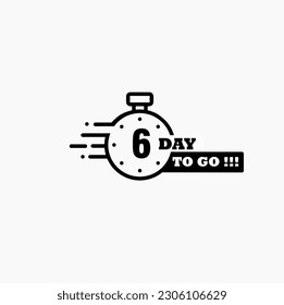 6 days left. Vector emblem with the number of days remaining. label, black alarm clock flat with ribbon, promotion icon, best deal symbol vector illustration.