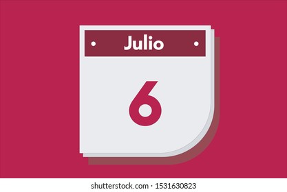 6 de Julio. Dia del mes. Calendario (July 6th. Day of month. Calendar in spanish) vector illustration icon.