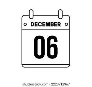6 december calendar icon. Black and white vector for the days of the month of December