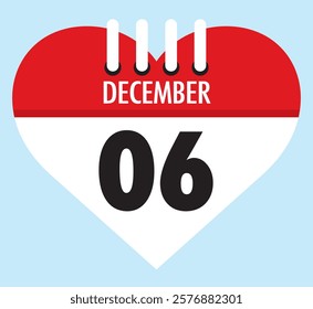 6 December calendar icon red heart shape on light sky blue color background, calendar vector symbol for the month of December.