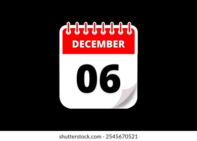 6 Diciembre Diseño web mensual de la página del texto del icono del calendario en el Vector, el icono, o la ilustración del fondo rojo, blanco y negro con el mes de diciembre 6