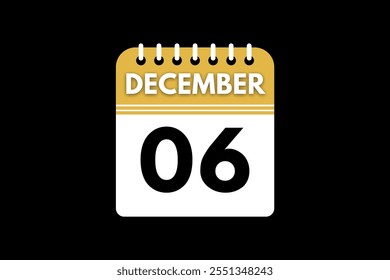 6 Diciembre Diseño web mensual de la página del texto del icono del calendario en el Vector, el icono, o la ilustración del fondo dorado, negro, y blanco con el mes de diciembre 6