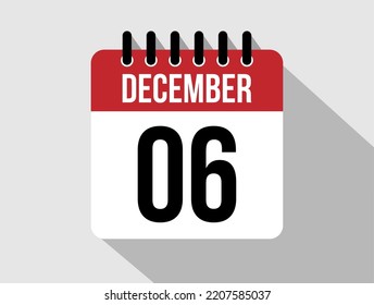 6 December calendar vector icon. Red december date for the days of the month
