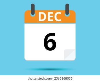 6 December. Flat icon calendar isolated on blue background. Vector illustration.