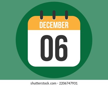 Vector del calendario verde del 6 de diciembre. Calendario de diciembre con círculo en segundo plano claro.