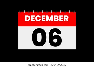 6 dezembro mês vetor dia único, ilustração, calendário com vermelho, branco e preto ícone de calendário de fundo de cor de 6 de dezembro