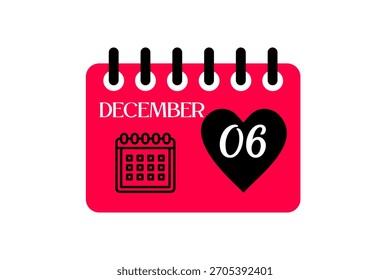 6 Diciembre mes Vector de un solo día, ilustración, calendario con rojo, negro y blanco color de fondo icono de calendario de diciembre 6