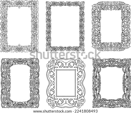 6 Decorative frames. Retro ornamental frame, vintage rectangle ornaments and ornate border. Decorative wedding frames, antique museum picture borders or deco devider. Isolated icons vector set