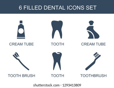 6 dental icons. Trendy dental icons white background. Included filled icons such as cream tube, tooth, tooth brush, toothbrush. dental icon for web and mobile.