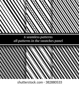 6 diagonal seamless striped  monochrome patterns. Vector illustration.
Seamless. Patterns can be used for printing on fabric or any other design project.