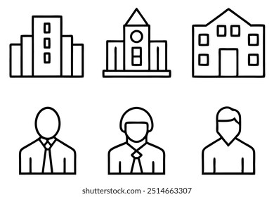 Silueta del icono de la oficina corporativa de 6 diferencias, Ilustración vectorial del arte de la línea en el fondo blanco.
