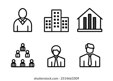 6 difference corporate office icon silhouette,line art vector illustration on white background.