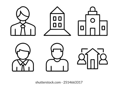 6 difference corporate office icon silhouette,line art vector illustration on white background.