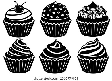 6 difference cup cake set on white background silhouette vector illustration