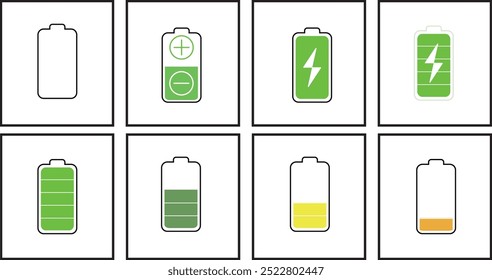 6 conjuntos de iconos de batería diferentes y coloridos. Recargo de la batería, ícono de Vector de una batería completamente cargada, indicadores de más y menos, mitad de batería completa