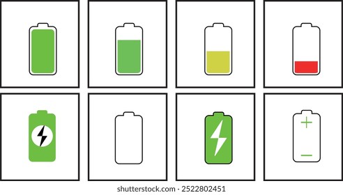 6 different and colorful battery icon sets. Battery charge, Vector icon of a fully charged battery, plus and minus indicators, half full battery