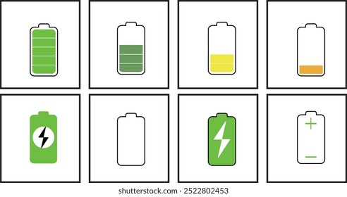 6 different and colorful battery icon sets. Battery charge, Vector icon of a fully charged battery, plus and minus indicators, half full battery