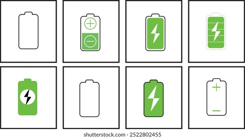 6 conjuntos de ícones de bateria diferentes e coloridos. Carga da bateria, ícone Vetor de uma bateria totalmente carregada, indicadores de mais e menos, metade da bateria completa