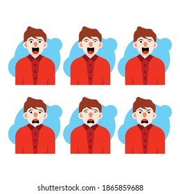 6 Different emotional expressions of a man wearing a red shirt. vector illustration