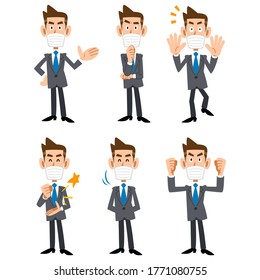 6 different facial expressions and poses of a businessman in a mask