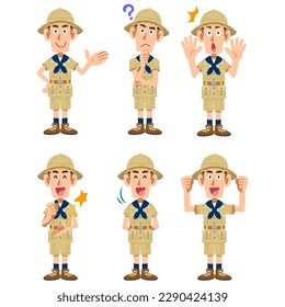 6 different gestures and facial expressions of men in explorer clothes