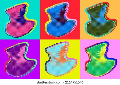 6 different screen printing dot halftone graphics of broken classical head sculpture from 3d rendering on colorful backgrounds. Vector illustration in pop art style.