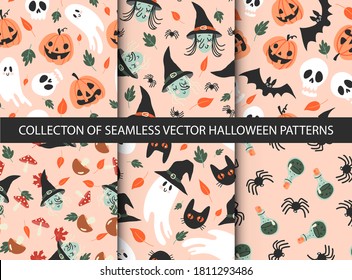 6 different seamless halloween patterns in childish doodle style. Retro colors, funny autumn textures with ghosts, witch, black cats, spiders, bats, sculls and pumpkins