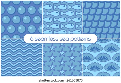 6 different seamless sea patterns (tiling). Vector illustration for abstract aqua design. Endless texture can be used for fills, web page background, surface