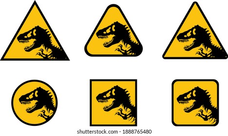 6 different types of danger dinosaur signs on black and yellow background, easy editable EPS	