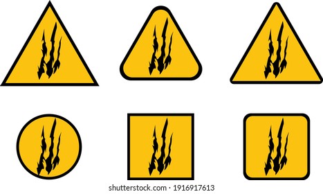 6 different types of danger signs wild animals on black and yellow background, easy editable EPS
