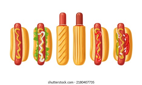 6 different types hotdog with with tomato, ketchup, mayo, leave lettuce, cucumber, mustard, onion. Top view. Vector color flat illustration for poster, menus, web. Icon isolated on white background.