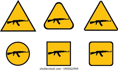 6 tipos diferentes de señales de peligro de disparo en fondo negro y amarillo, EPS fácilmente modificables