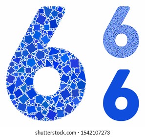 6 digit composition of rough pieces in different sizes and shades, based on 6 digit icon. Vector rugged elements are grouped into collage. 6 digit icons collage with dotted pattern.