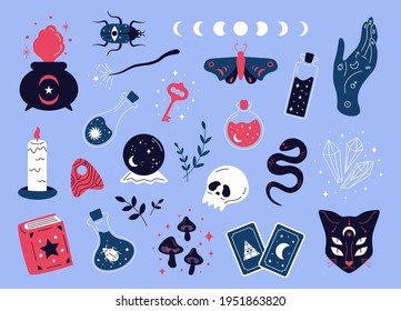 6 Doodle magic collection. Witchcraft cartoon elements for magic shop, esoteric symbols and occult magician equipment. Vector isolated set