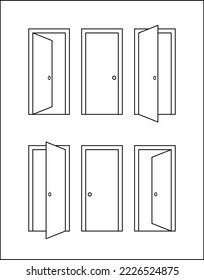 6 doors, opened and closed, left and right, door icons, flat lines, vector, true to scale, scalable, customizable