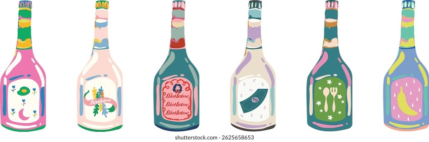 6 drink bottles with various designs. Each bottle is unique, featuring vibrant colors and modern shapes.