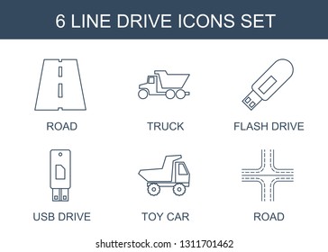 6 drive icons. Trendy drive icons white background. Included line icons such as road, truck, flash drive, usb toy car. icon for web and mobile.