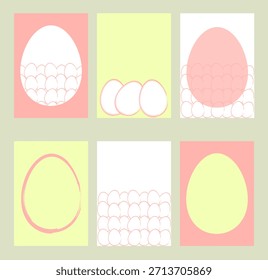 6 Plantillas de póster de huevo de Pascua. Estos afiches amarillos y corales presentan huevos blancos de gallina. Son excelentes para publicidad, ventas y saludos, con espacio para texto.