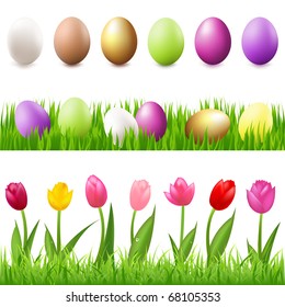 6 Easter-Eggs, Eggs In Grass And Grass Panorama, Isolated On White Background, Vector Illustration